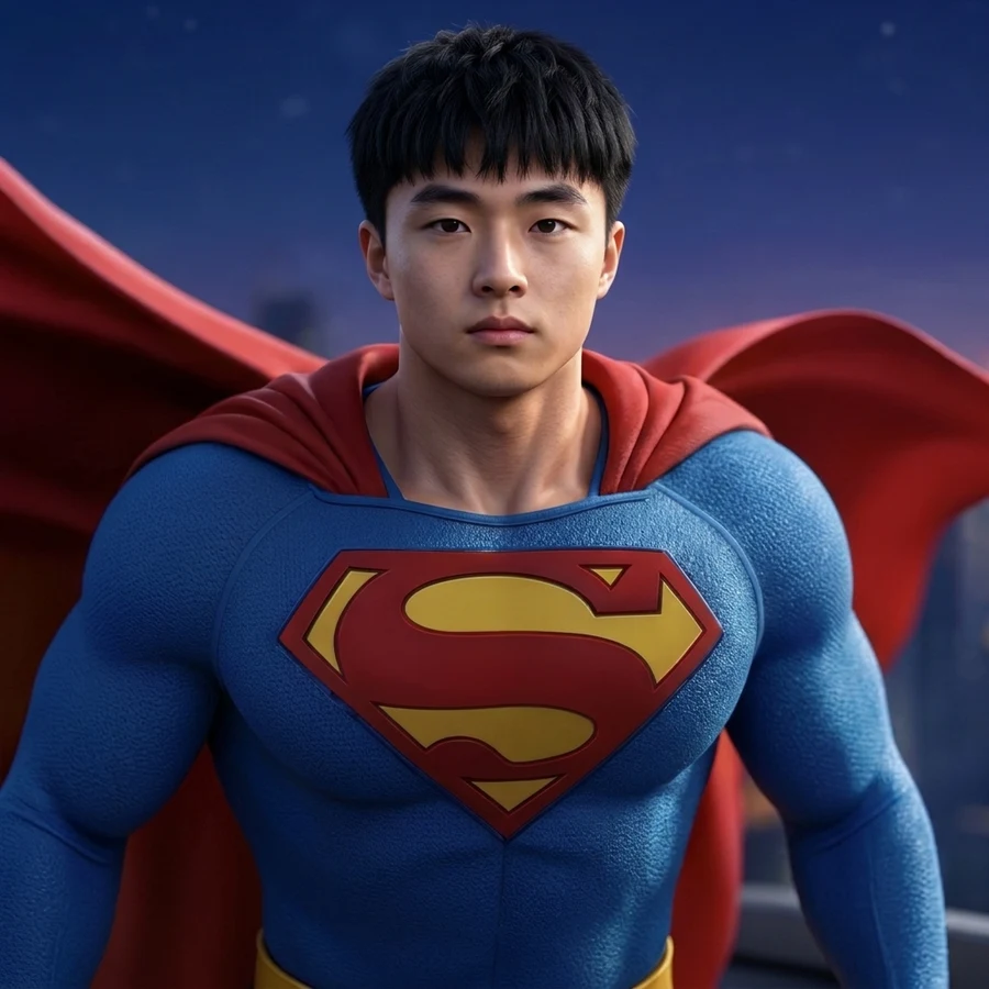 SUPERIMCHI in his blue suit and red cape